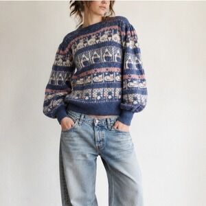 VINTAGE 80s Cat Fair Isle Knit Wool Puff Sleeve Sweater Novelty Crazy Cat Lady